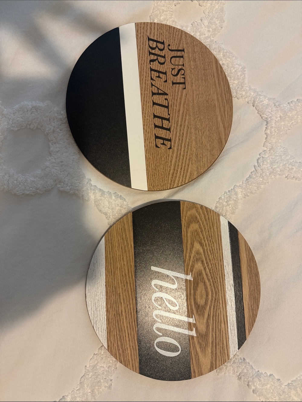 Round Wood Strand Signs "Just Breathe" & "Hello" - Black, White, Wood